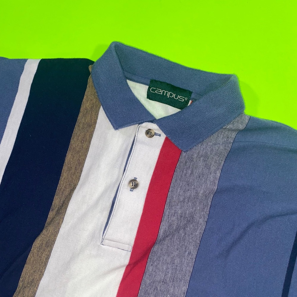 Campus Mens Multi Color Vertical Striped Polo Shirt Short Sleeve Size M Blue Red